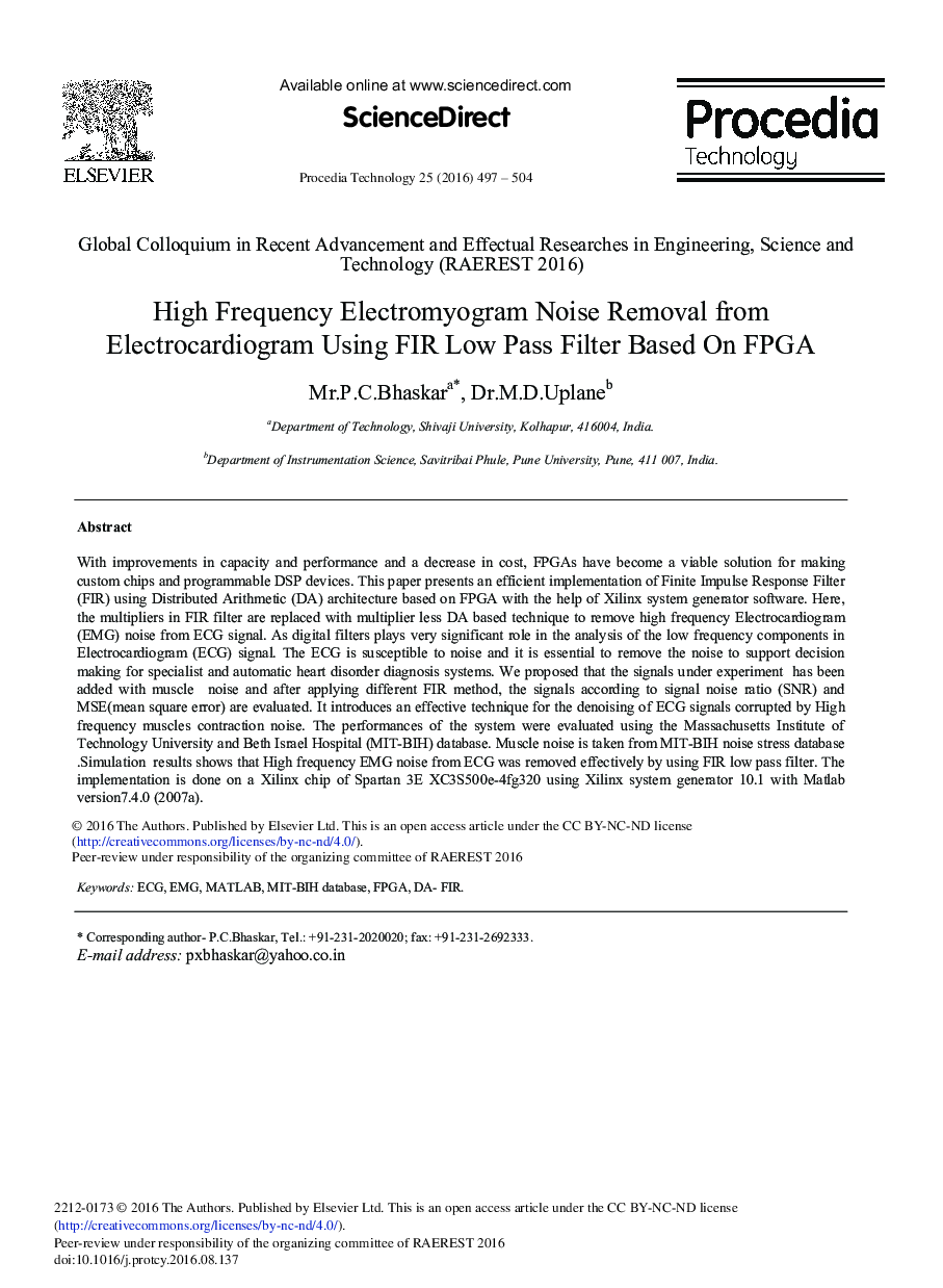 High Frequency Electromyogram Noise Removal from Electrocardiogram Using FIR Low Pass Filter Based on FPGA