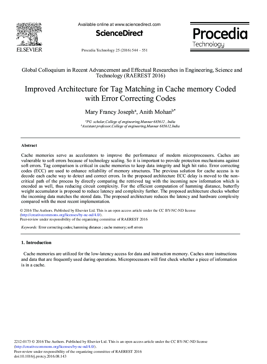 Improved Architecture for Tag Matching in Cache Memory Coded with Error Correcting Codes