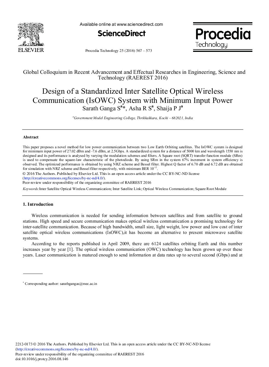 Design of a Standardized Inter Satellite Optical Wireless Communication (IsOWC) System with Minimum Input Power