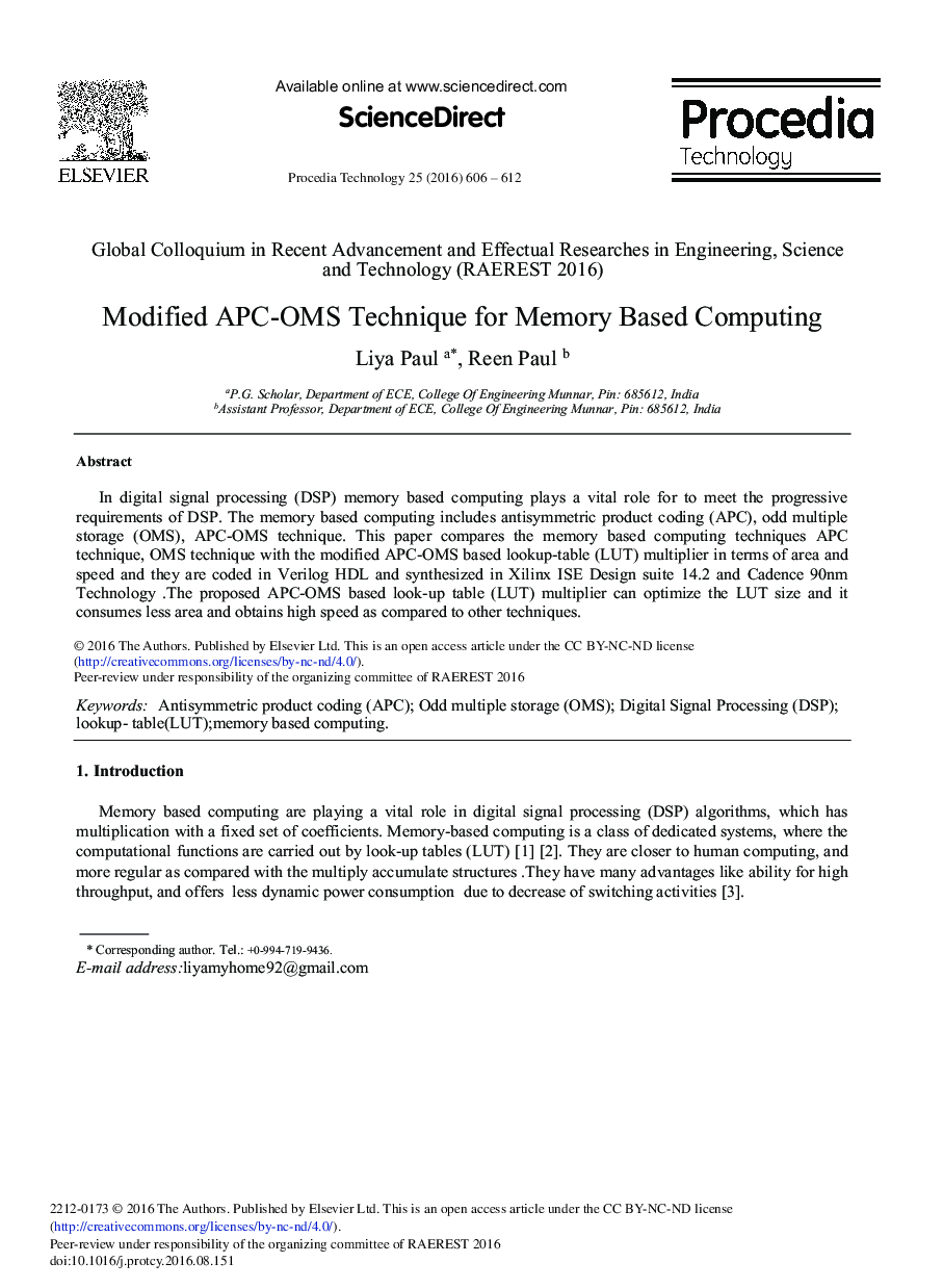 Modified APC-OMS Technique for Memory Based Computing