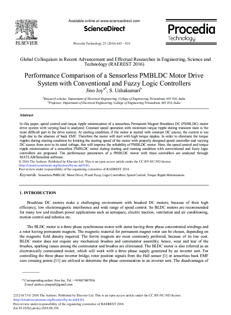 Performance Comparison of a Sensorless PMBLDC Motor Drive System with Conventional and Fuzzy Logic Controllers