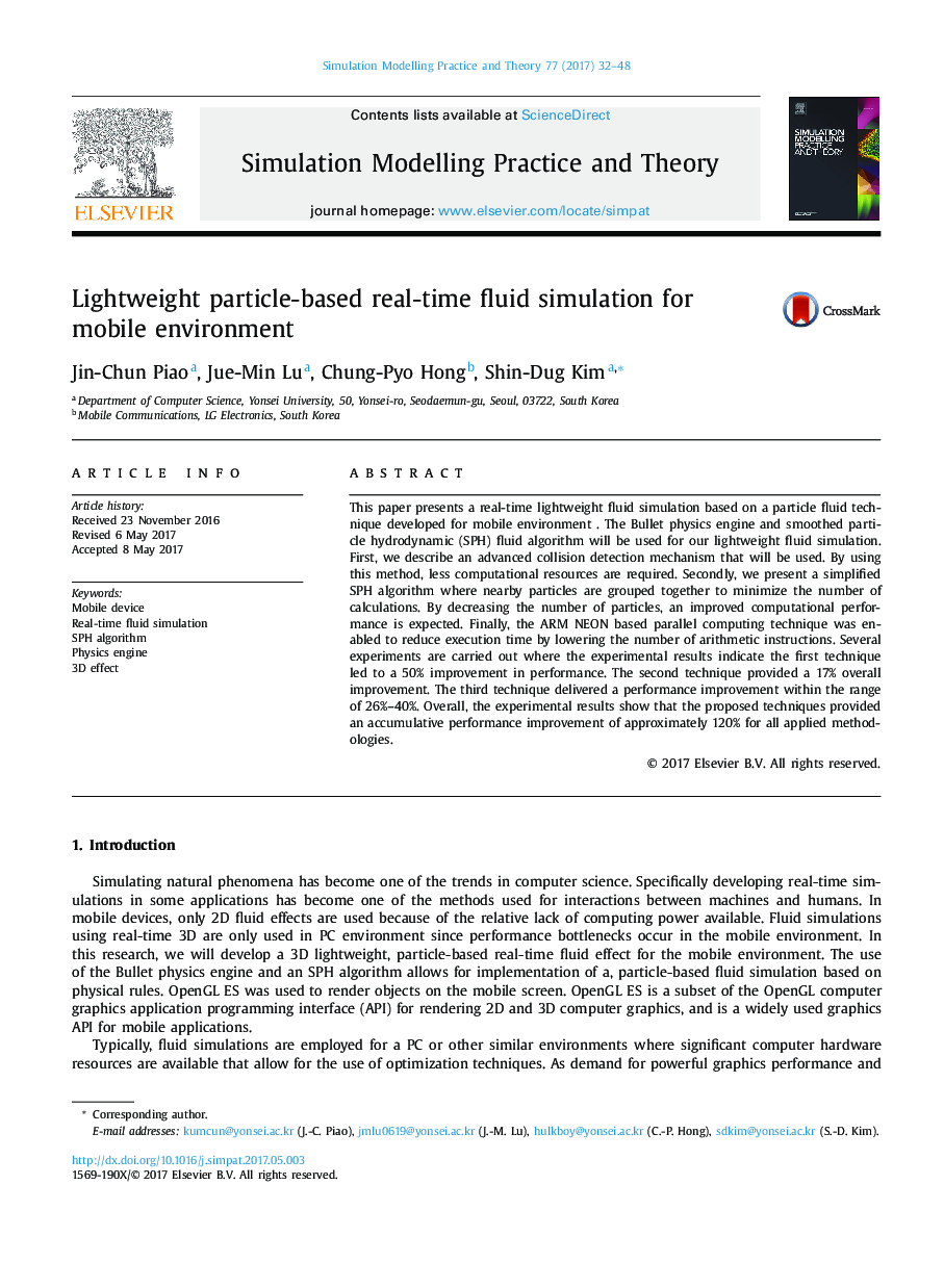 Lightweight particle-based real-time fluid simulation for mobile environment