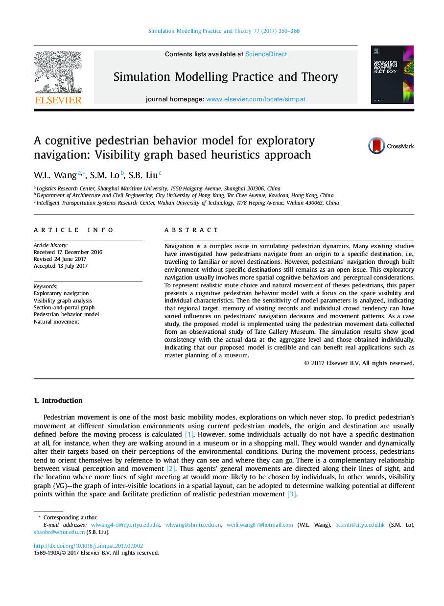 A cognitive pedestrian behavior model for exploratory navigation: Visibility graph based heuristics approach