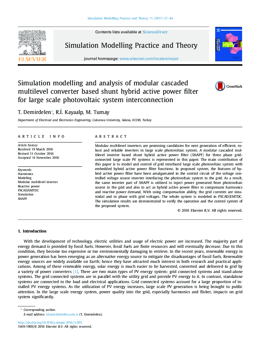 Simulation modelling and analysis of modular cascaded multilevel converter based shunt hybrid active power filter for large scale photovoltaic system interconnection