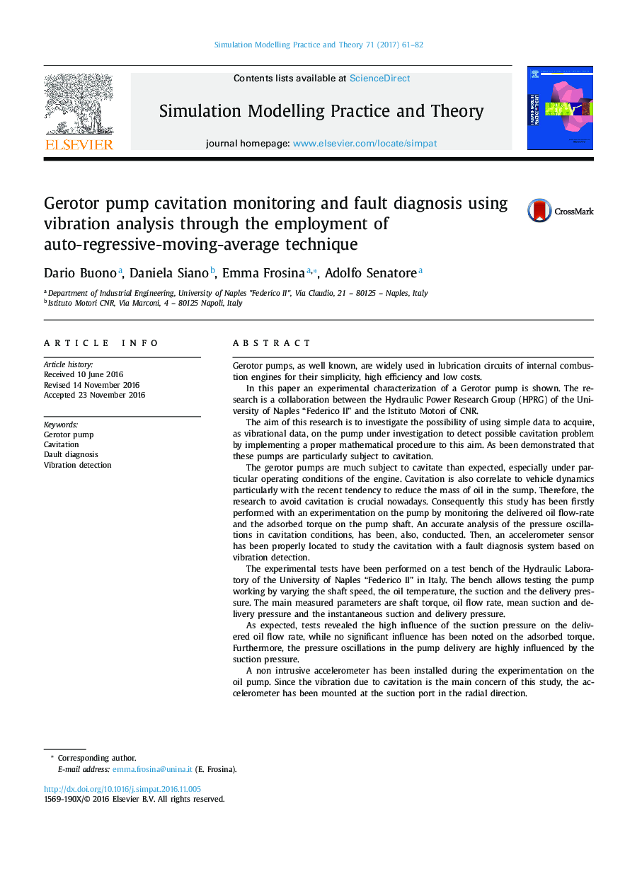 Gerotor pump cavitation monitoring and fault diagnosis using vibration analysis through the employment of auto-regressive-moving-average technique
