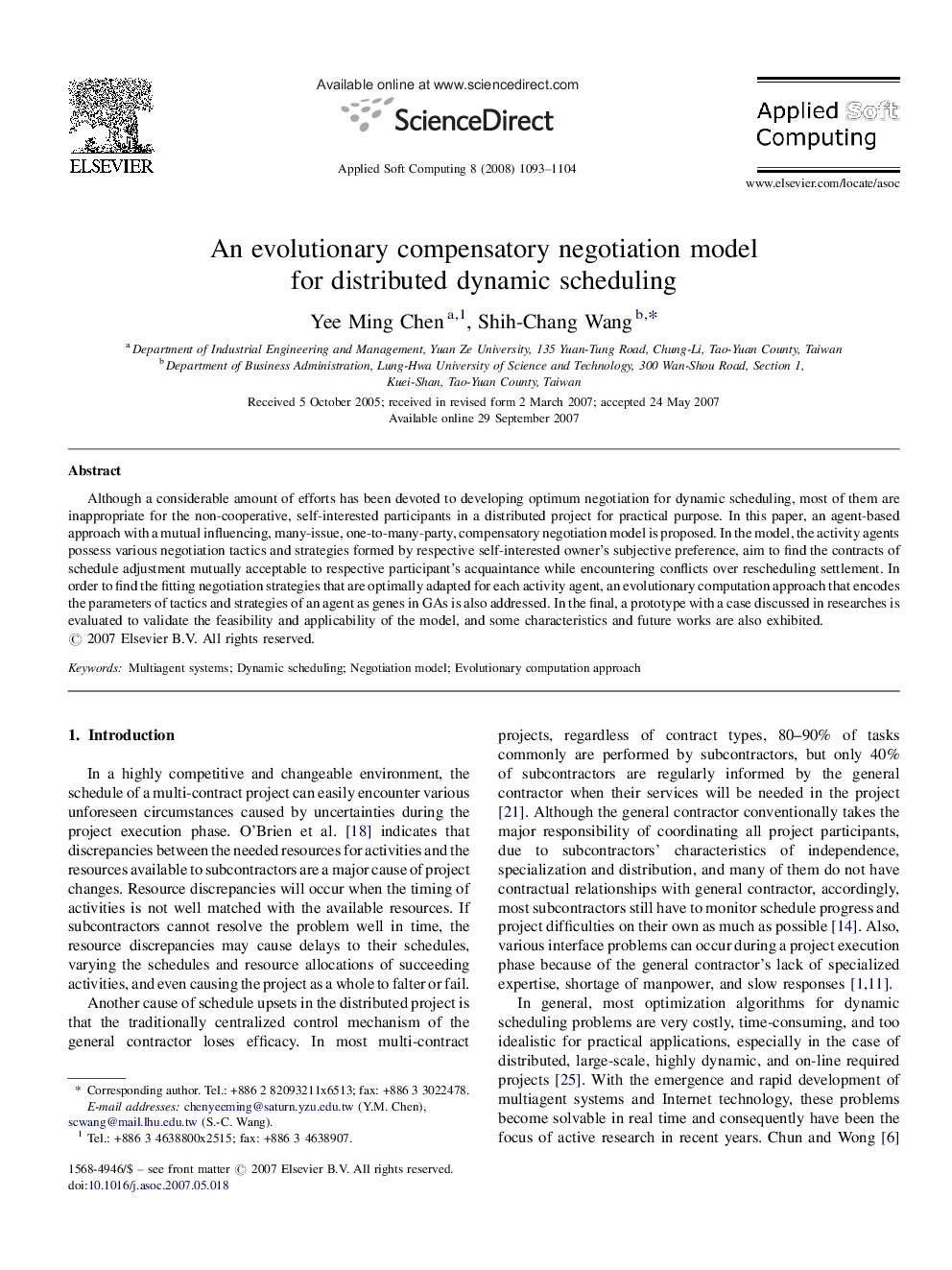 An evolutionary compensatory negotiation model for distributed dynamic scheduling