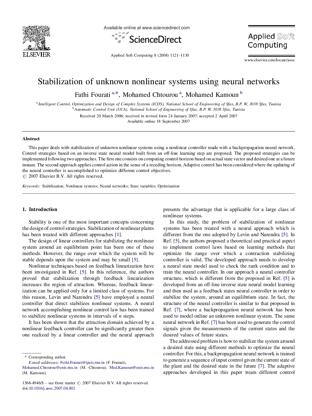 Stabilization of unknown nonlinear systems using neural networks