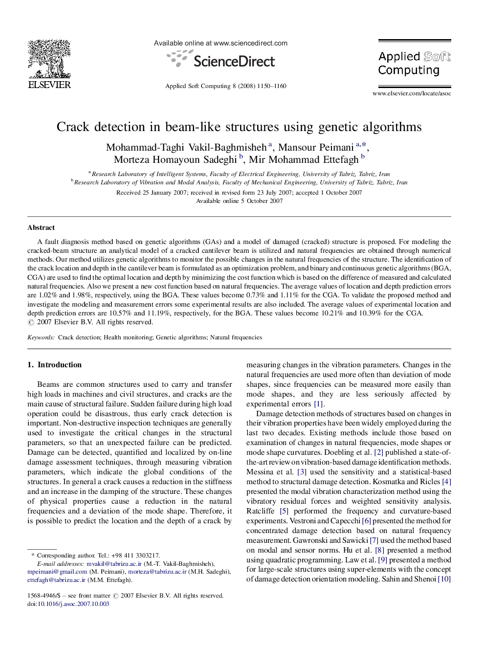 Crack detection in beam-like structures using genetic algorithms