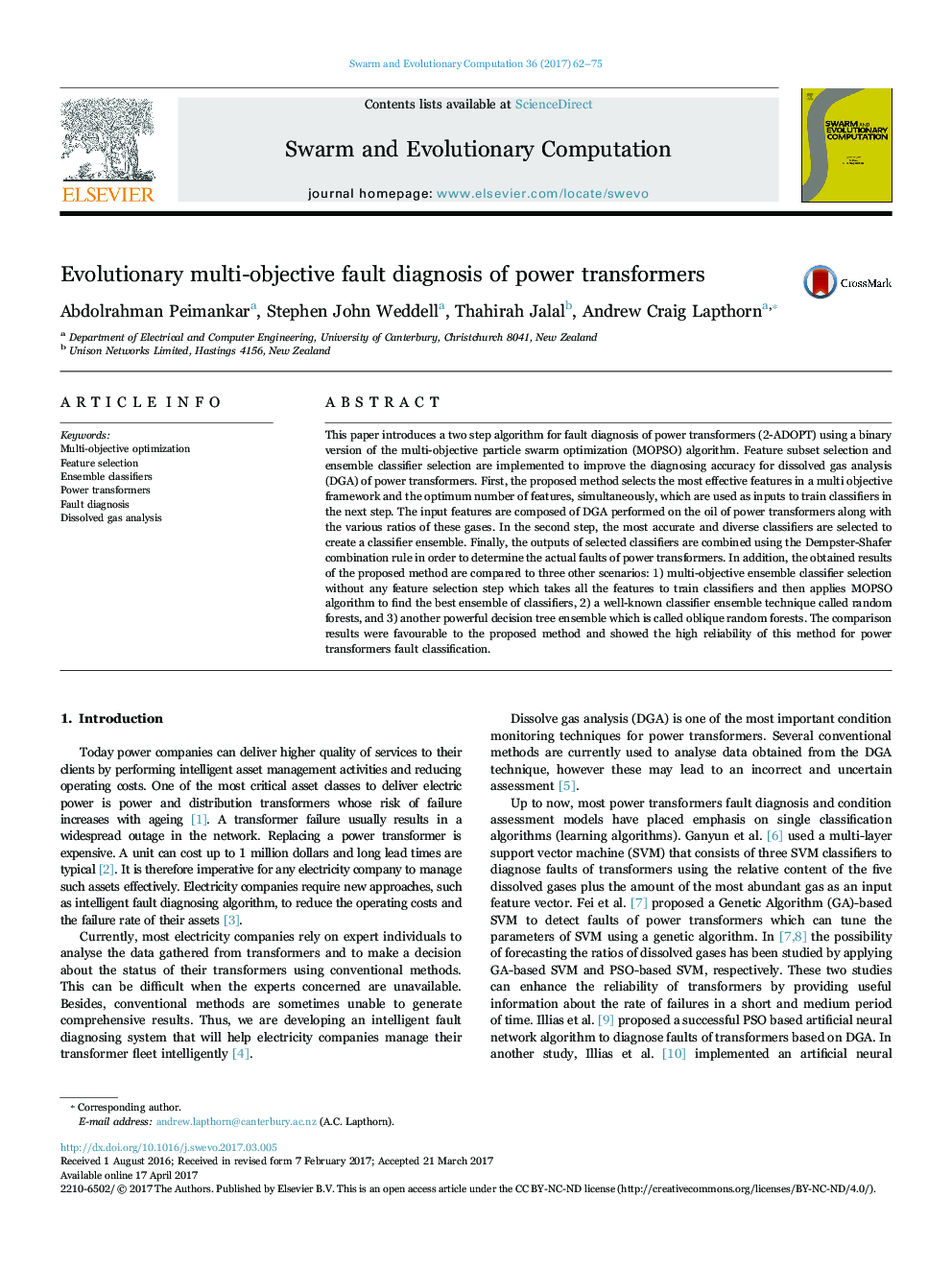 Evolutionary multi-objective fault diagnosis of power transformers