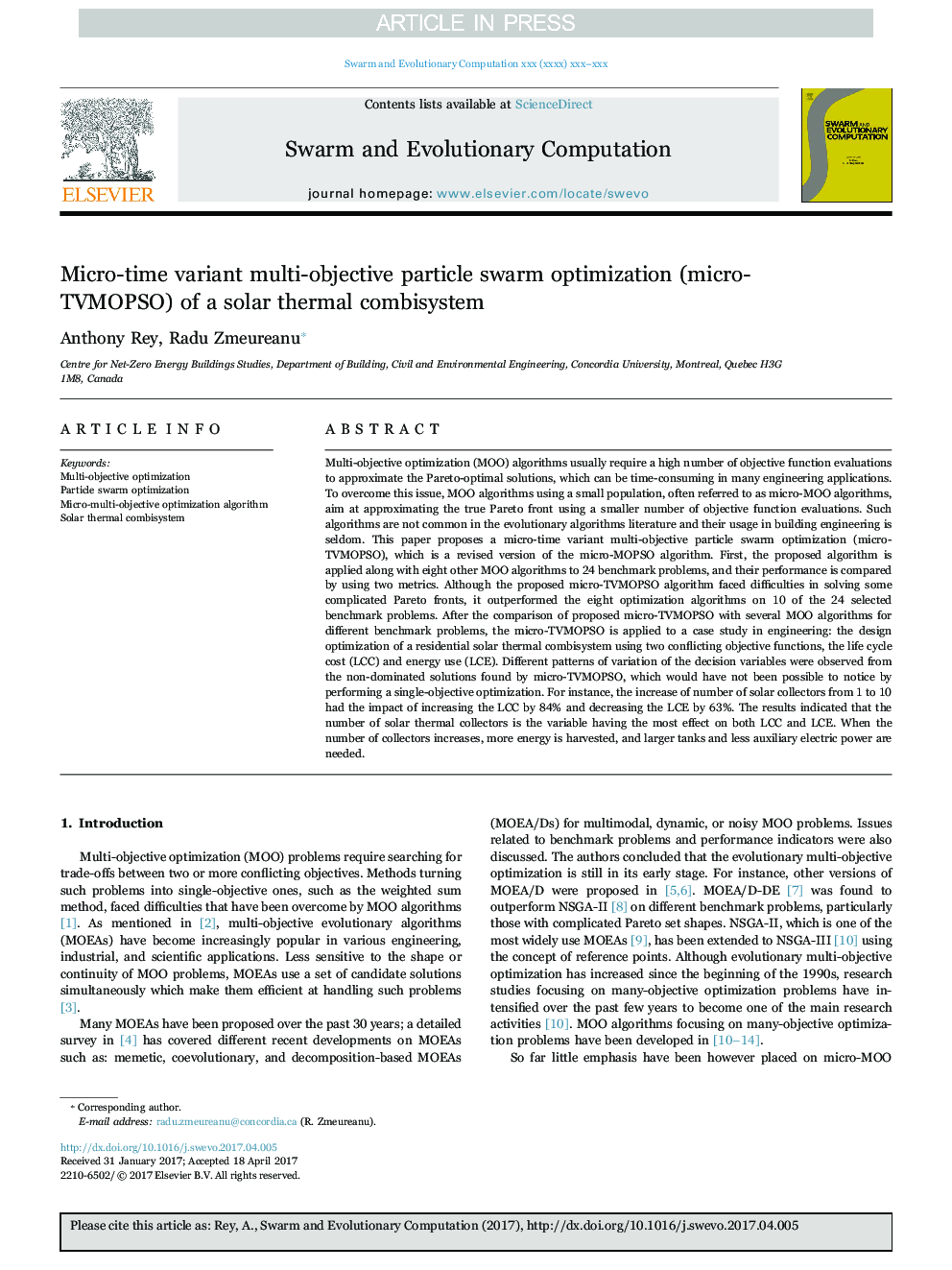 Micro-time variant multi-objective particle swarm optimization (micro-TVMOPSO) of a solar thermal combisystem