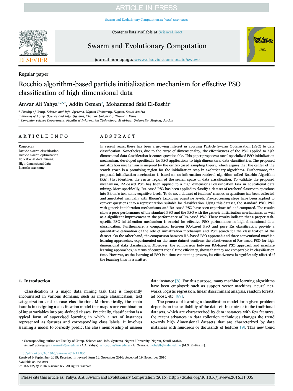 Rocchio algorithm-based particle initialization mechanism for effective PSO classification of high dimensional data