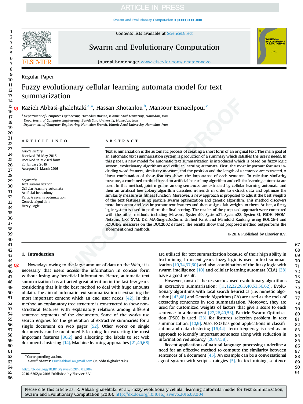 Fuzzy evolutionary cellular learning automata model for text summarization