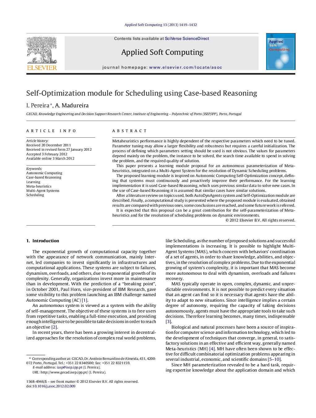 Self-Optimization module for Scheduling using Case-based Reasoning