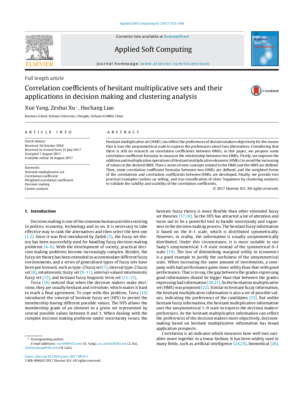 Correlation coefficients of hesitant multiplicative sets and their applications in decision making and clustering analysis