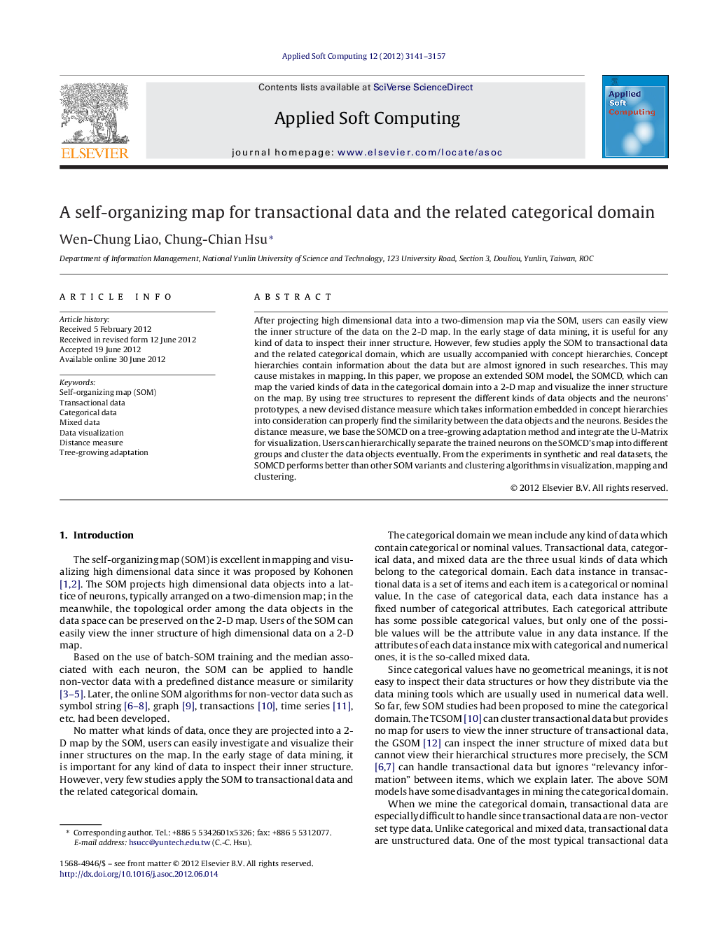 عکس صفحه اول مقاله: A self-organizing map for transactional data and the related categorical domain A self-organizing map for transactional data and the related categorical domain