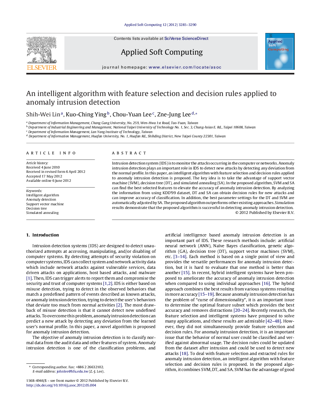عکس صفحه اول مقاله: An intelligent algorithm with feature selection and decision rules applied to anomaly intrusion detection An intelligent algorithm with feature selection and decision rules applied to anomaly intrusion detection