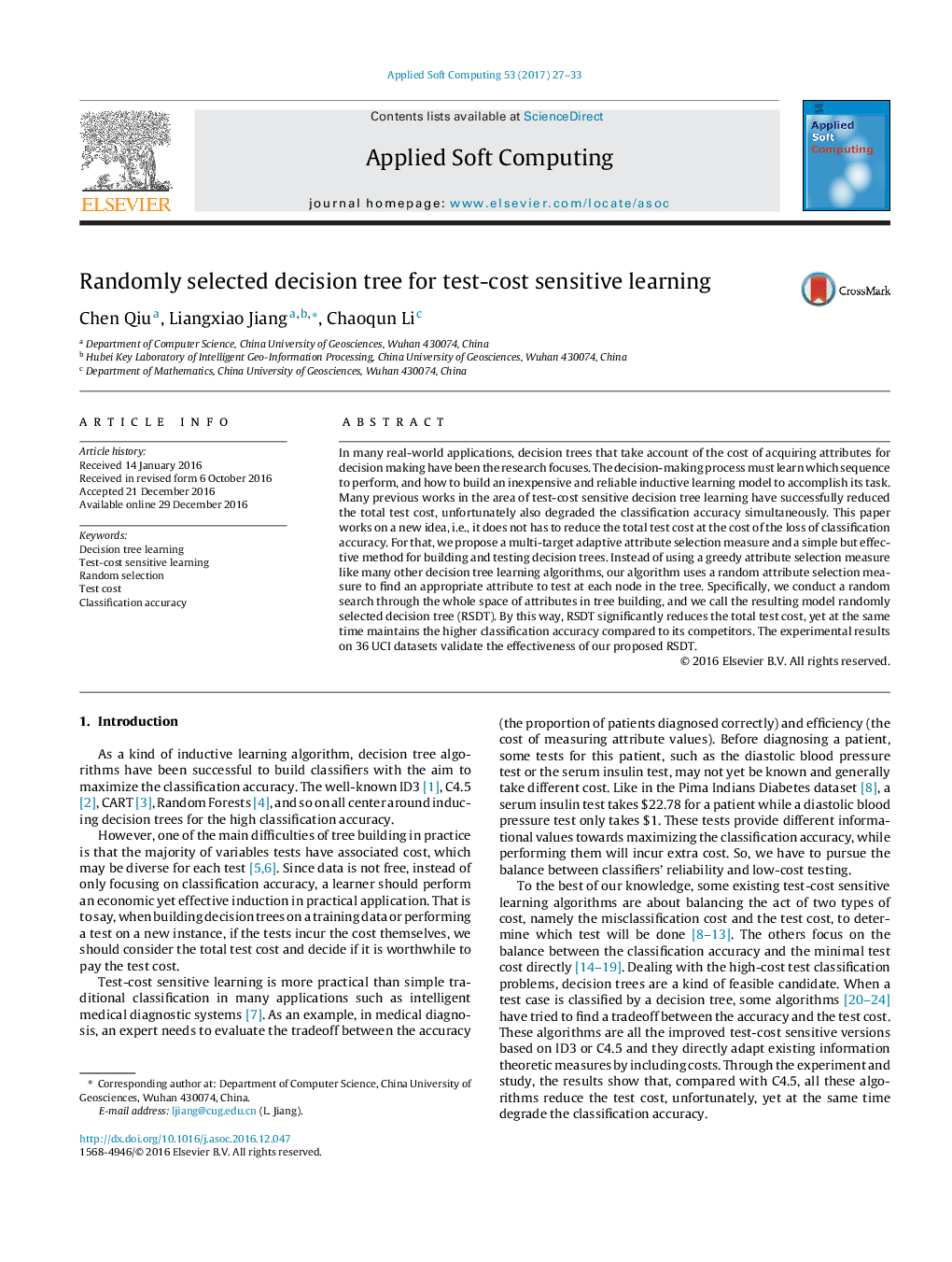 Randomly selected decision tree for test-cost sensitive learning