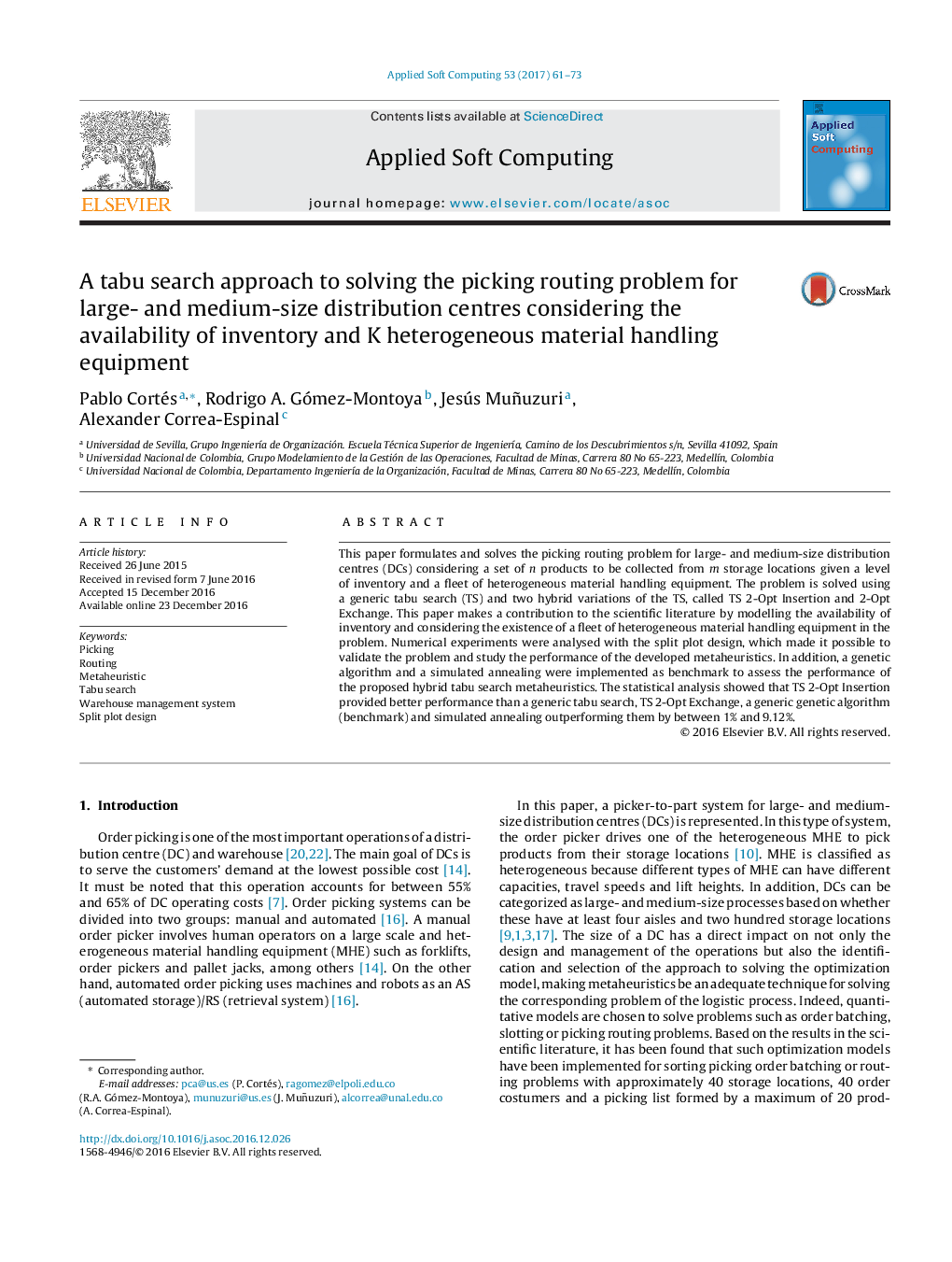 A tabu search approach to solving the picking routing problem for large- and medium-size distribution centres considering the availability of inventory and K heterogeneous material handling equipment