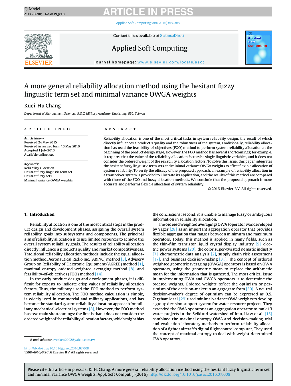 A more general reliability allocation method using the hesitant fuzzy linguistic term set and minimal variance OWGA weights