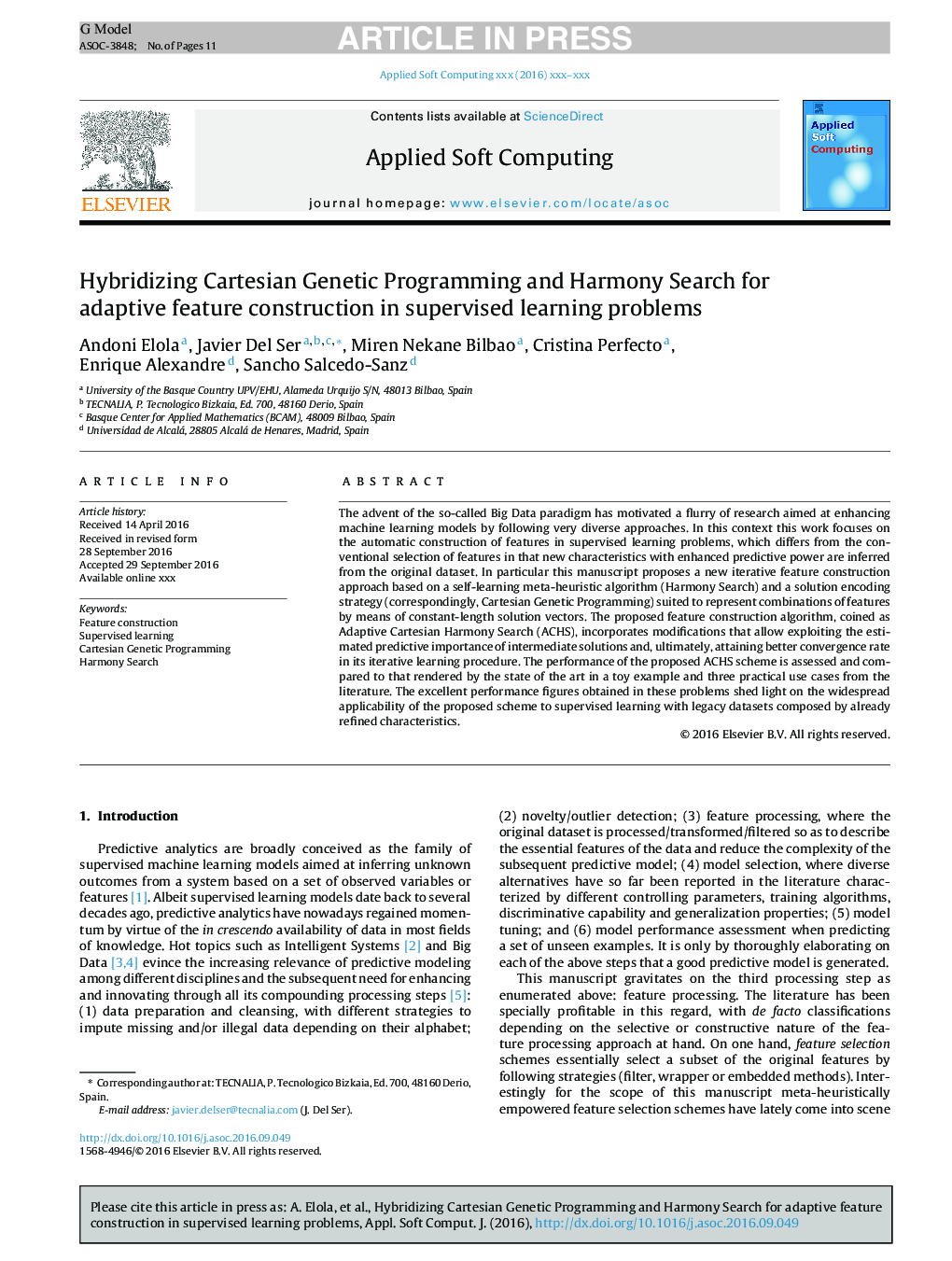 Hybridizing Cartesian Genetic Programming and Harmony Search for adaptive feature construction in supervised learning problems