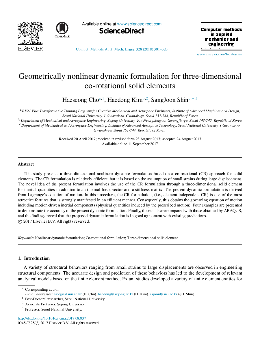 Geometrically nonlinear dynamic formulation for three-dimensional co-rotational solid elements