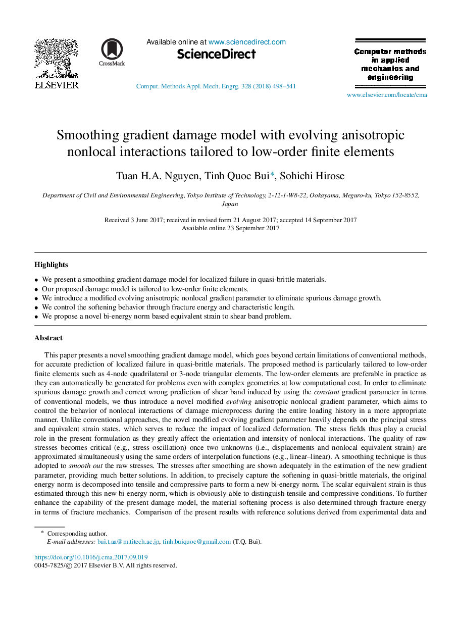 Smoothing gradient damage model with evolving anisotropic nonlocal interactions tailored to low-order finite elements