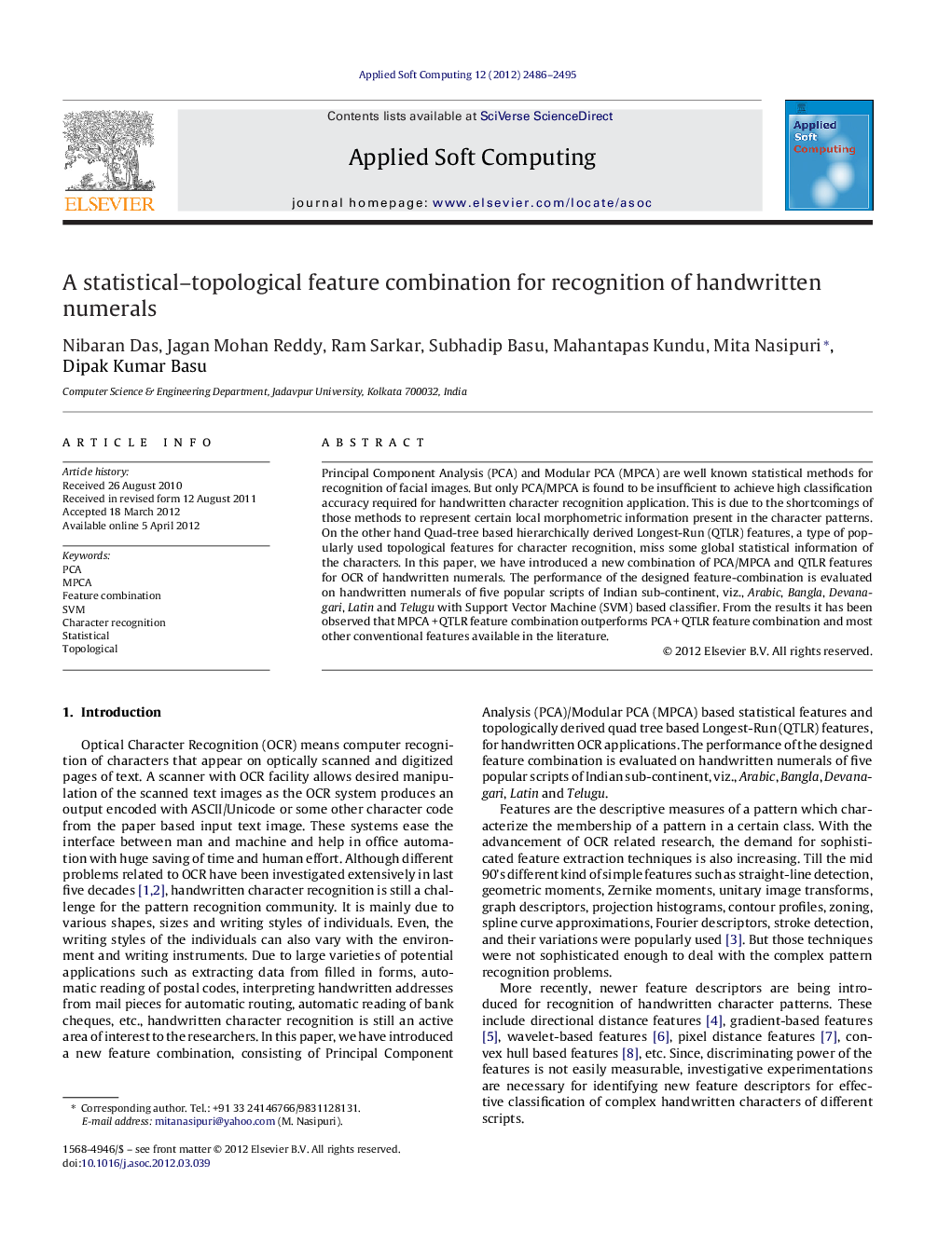 A statistical–topological feature combination for recognition of handwritten numerals