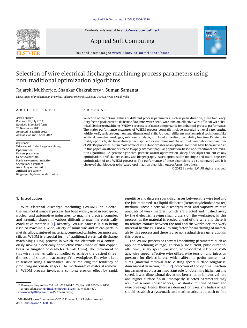 Selection of wire electrical discharge machining process parameters using non-traditional optimization algorithms