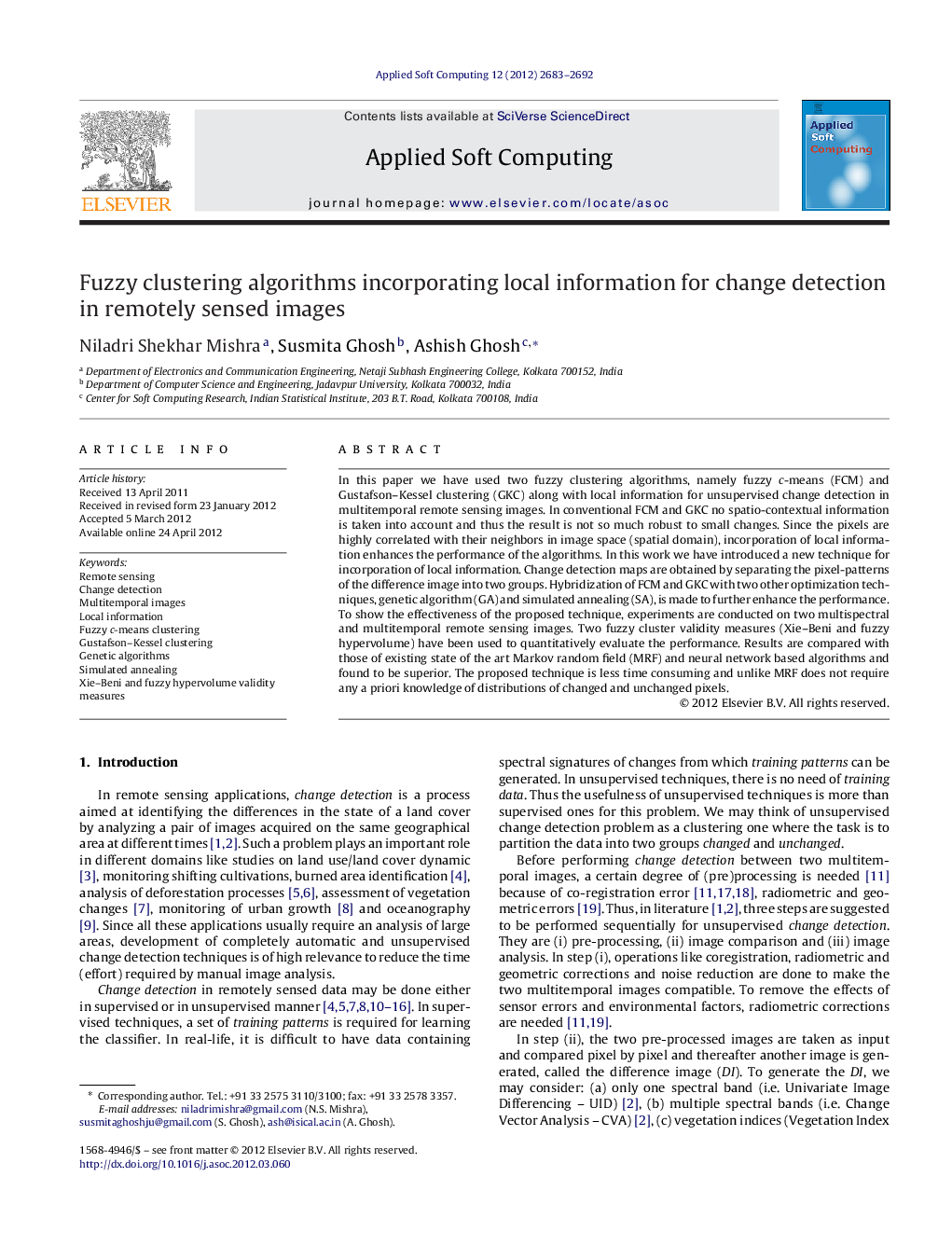 Fuzzy clustering algorithms incorporating local information for change detection in remotely sensed images