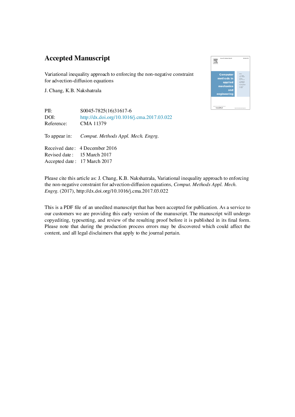 Variational inequality approach to enforcing the non-negative constraint for advection-diffusion equations