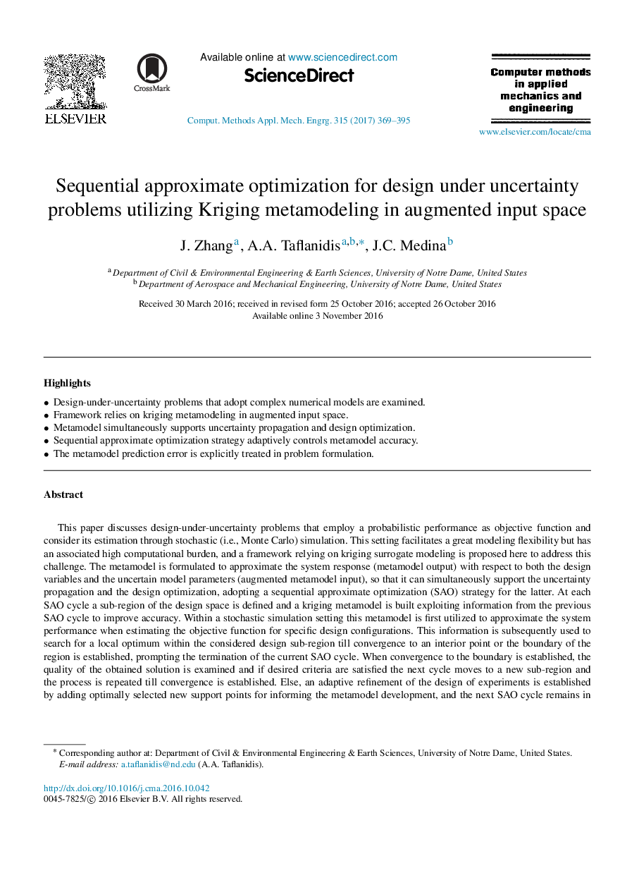 Sequential approximate optimization for design under uncertainty problems utilizing Kriging metamodeling in augmented input space