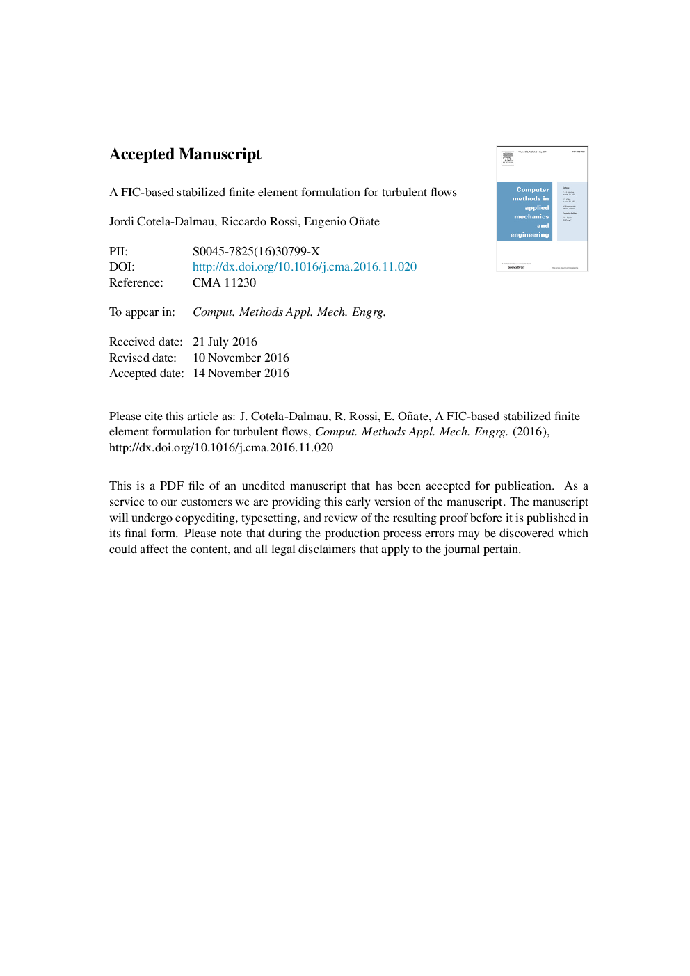 A FIC-based stabilized finite element formulation for turbulent flows