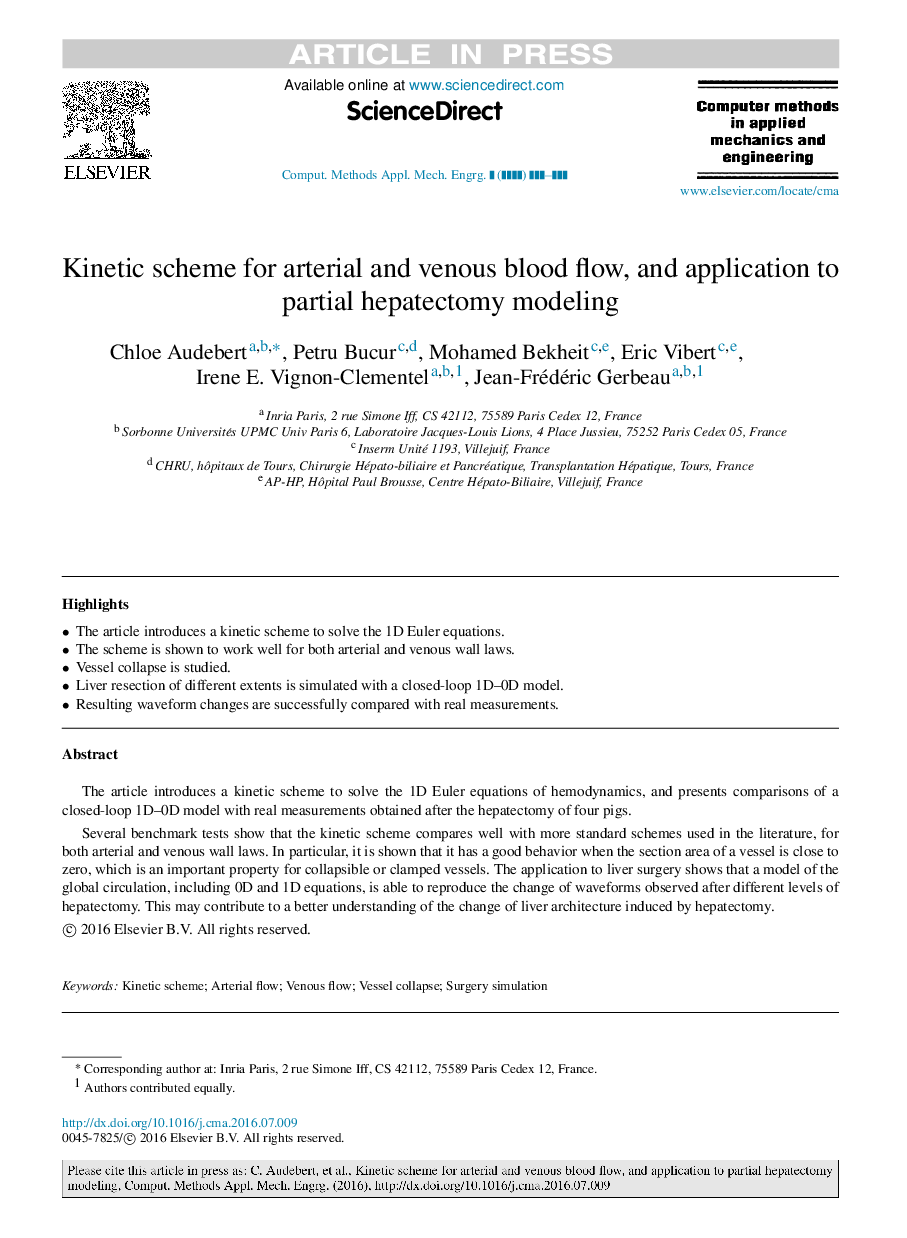 Kinetic scheme for arterial and venous blood flow, and application to partial hepatectomy modeling