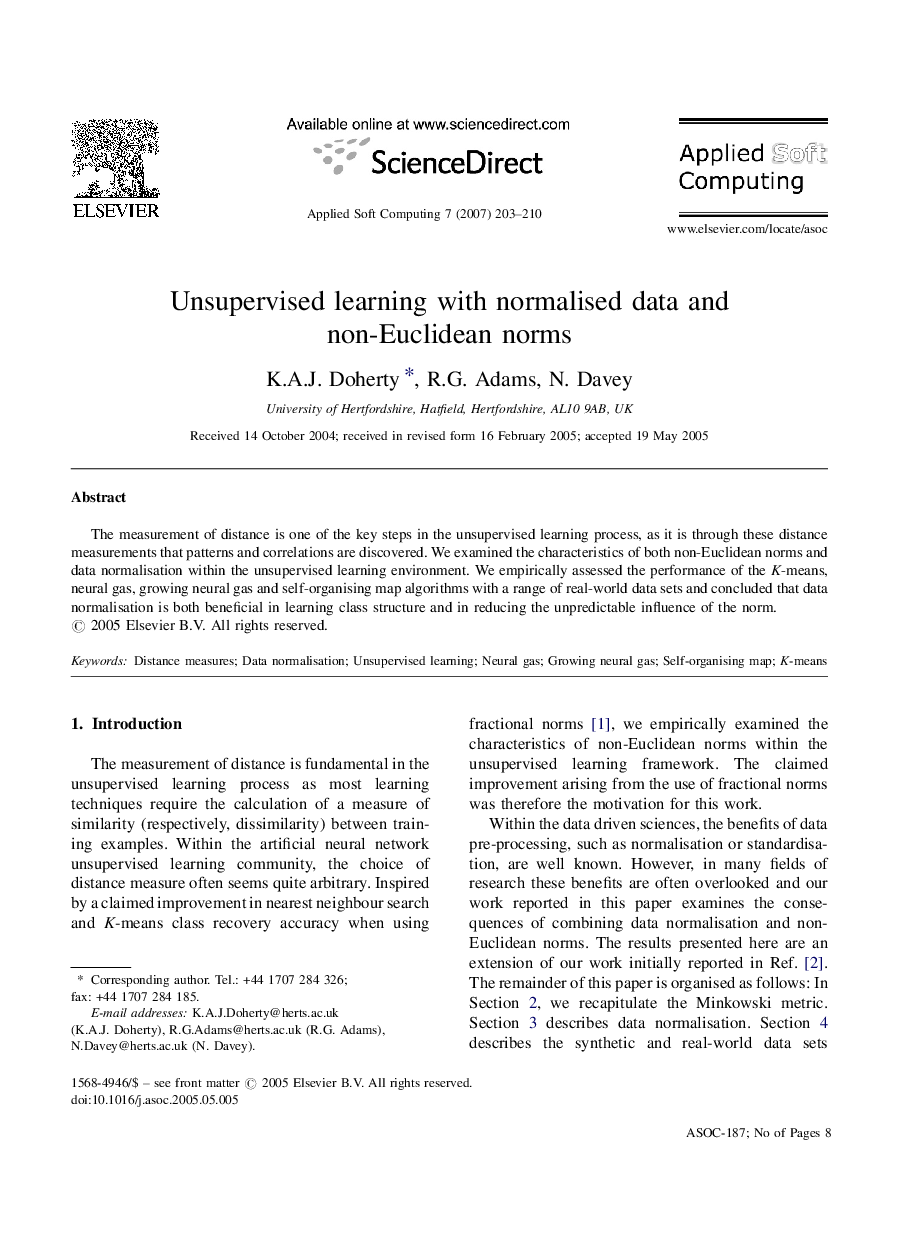 Unsupervised learning with normalised data and non-Euclidean norms