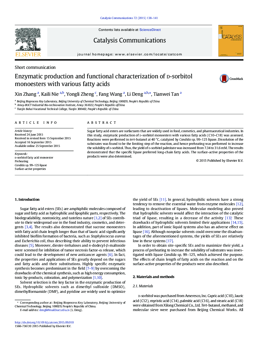 Enzymatic production and functional characterization of d-sorbitol monoesters with various fatty acids