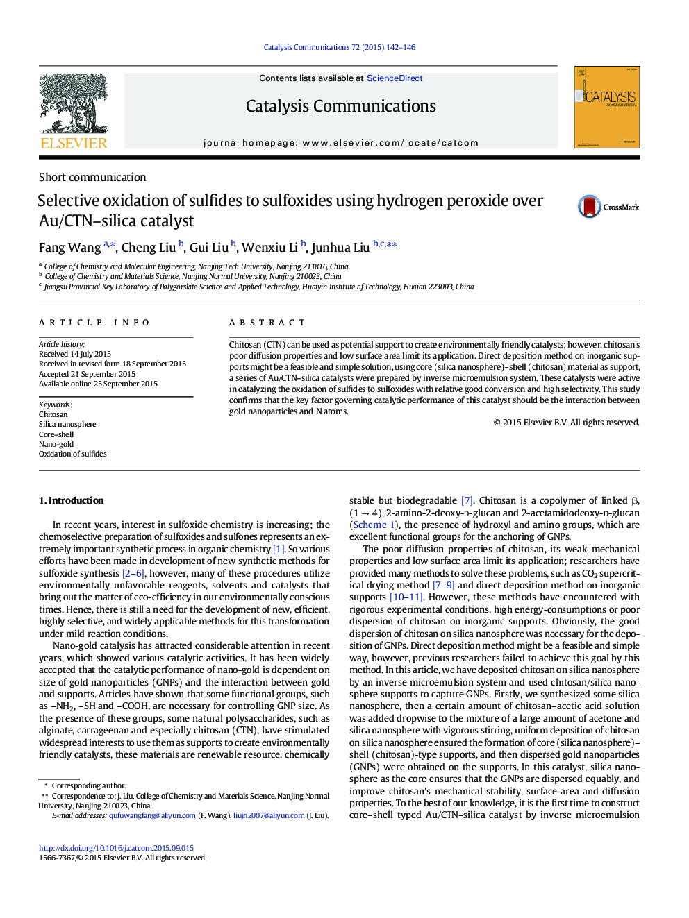 Selective oxidation of sulfides to sulfoxides using hydrogen peroxide over Au/CTN–silica catalyst