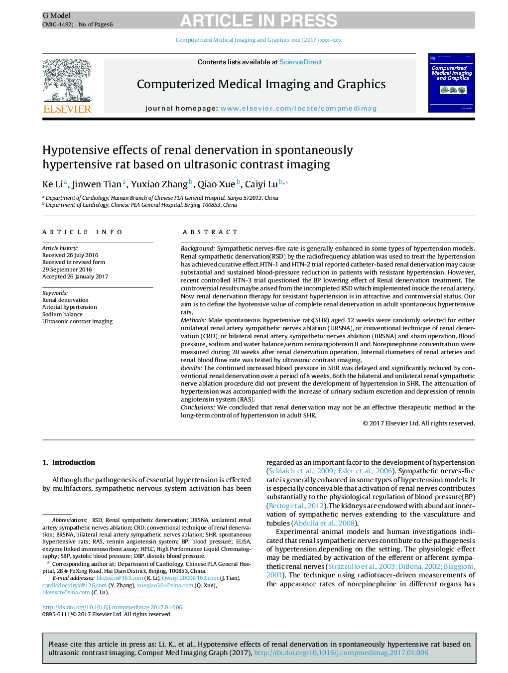 Hypotensive effects of renal denervation in spontaneously hypertensive rat based on ultrasonic contrast imaging