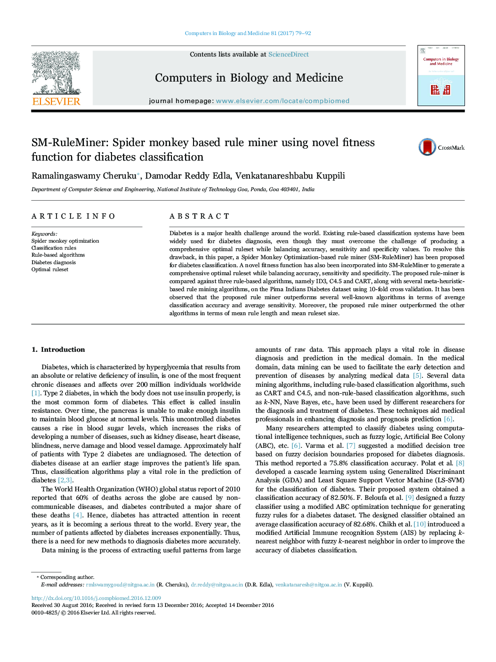 SM-RuleMiner: Spider monkey based rule miner using novel fitness function for diabetes classification