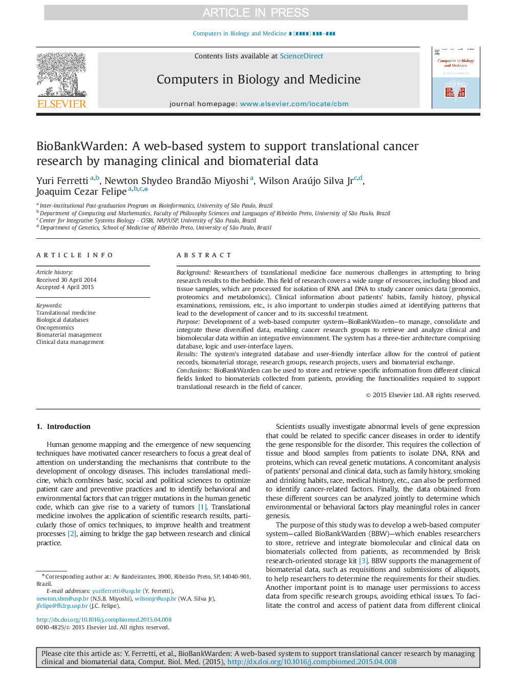 BioBankWarden: A web-based system to support translational cancer research by managing clinical and biomaterial data