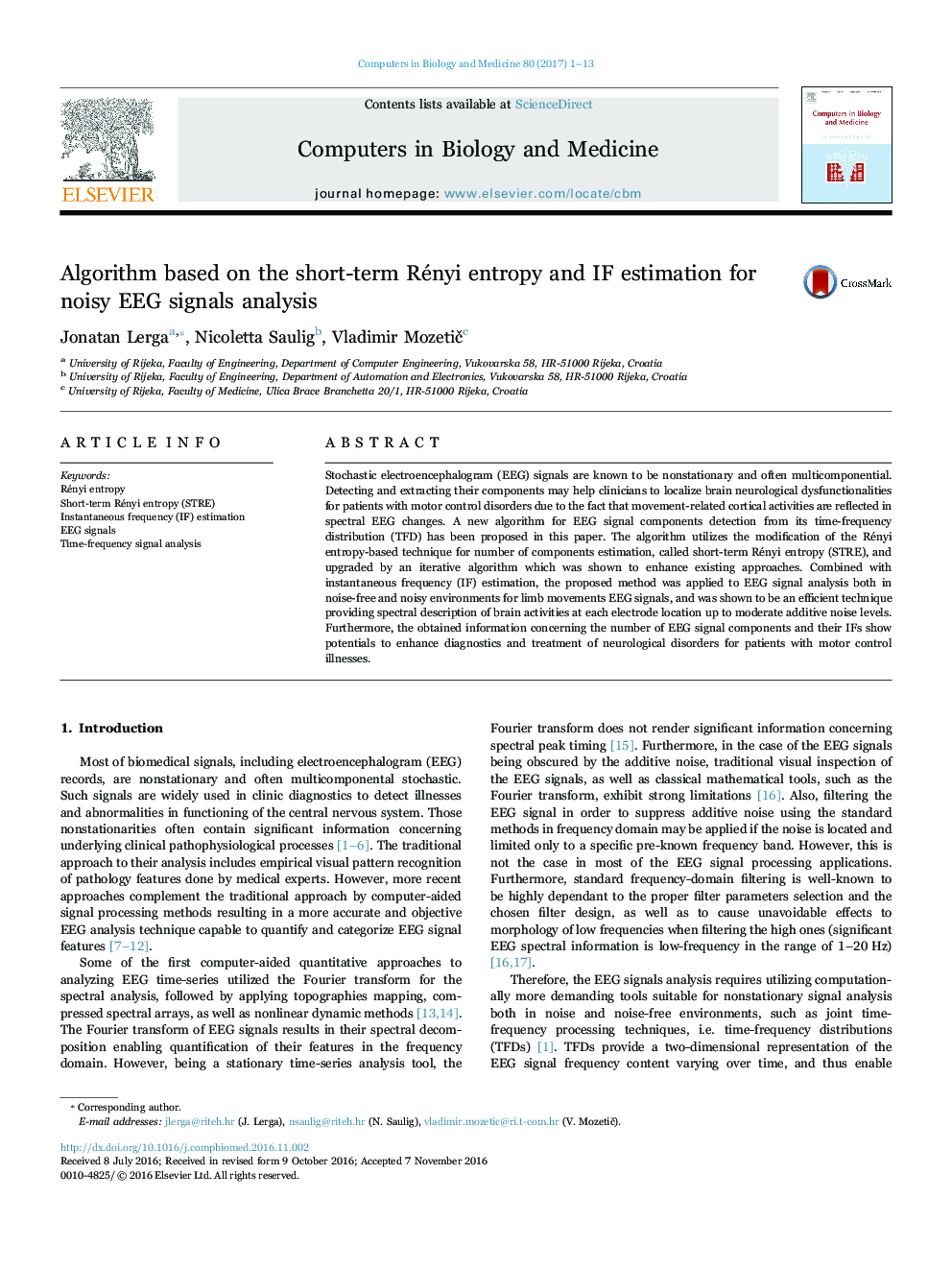 Algorithm based on the short-term Rényi entropy and IF estimation for noisy EEG signals analysis