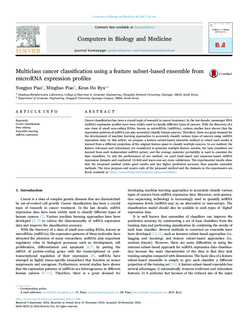 Multiclass cancer classification using a feature subset-based ensemble from microRNA expression profiles