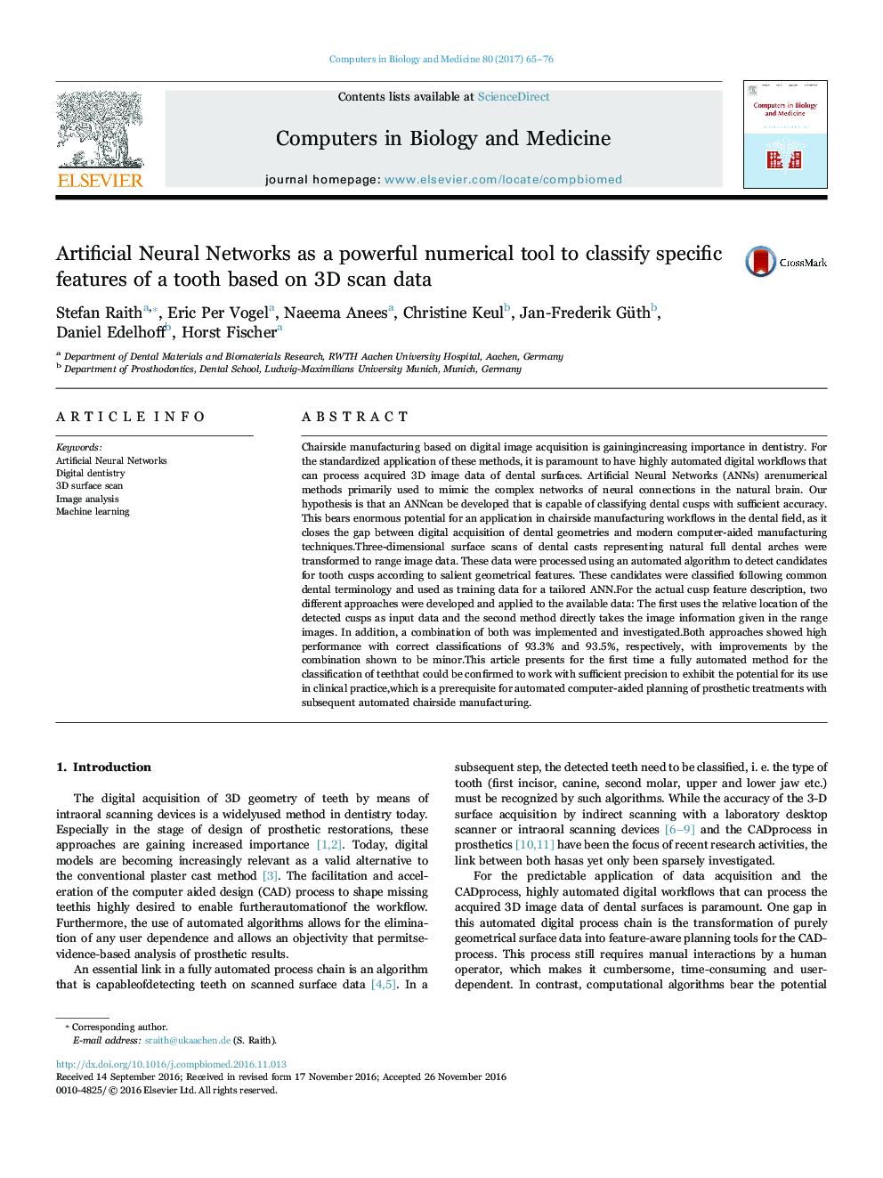 Artificial Neural Networks as a powerful numerical tool to classify specific features of a tooth based on 3D scan data