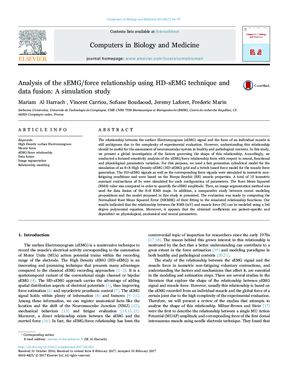 Analysis of the sEMG/force relationship using HD-sEMG technique and data fusion: A simulation study