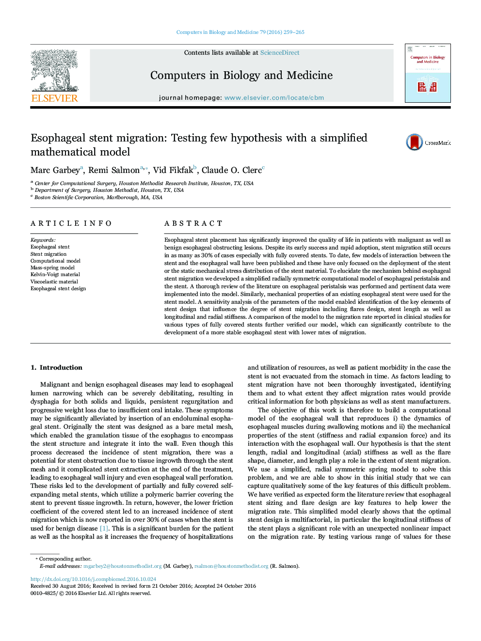 Esophageal stent migration: Testing few hypothesis with a simplified mathematical model