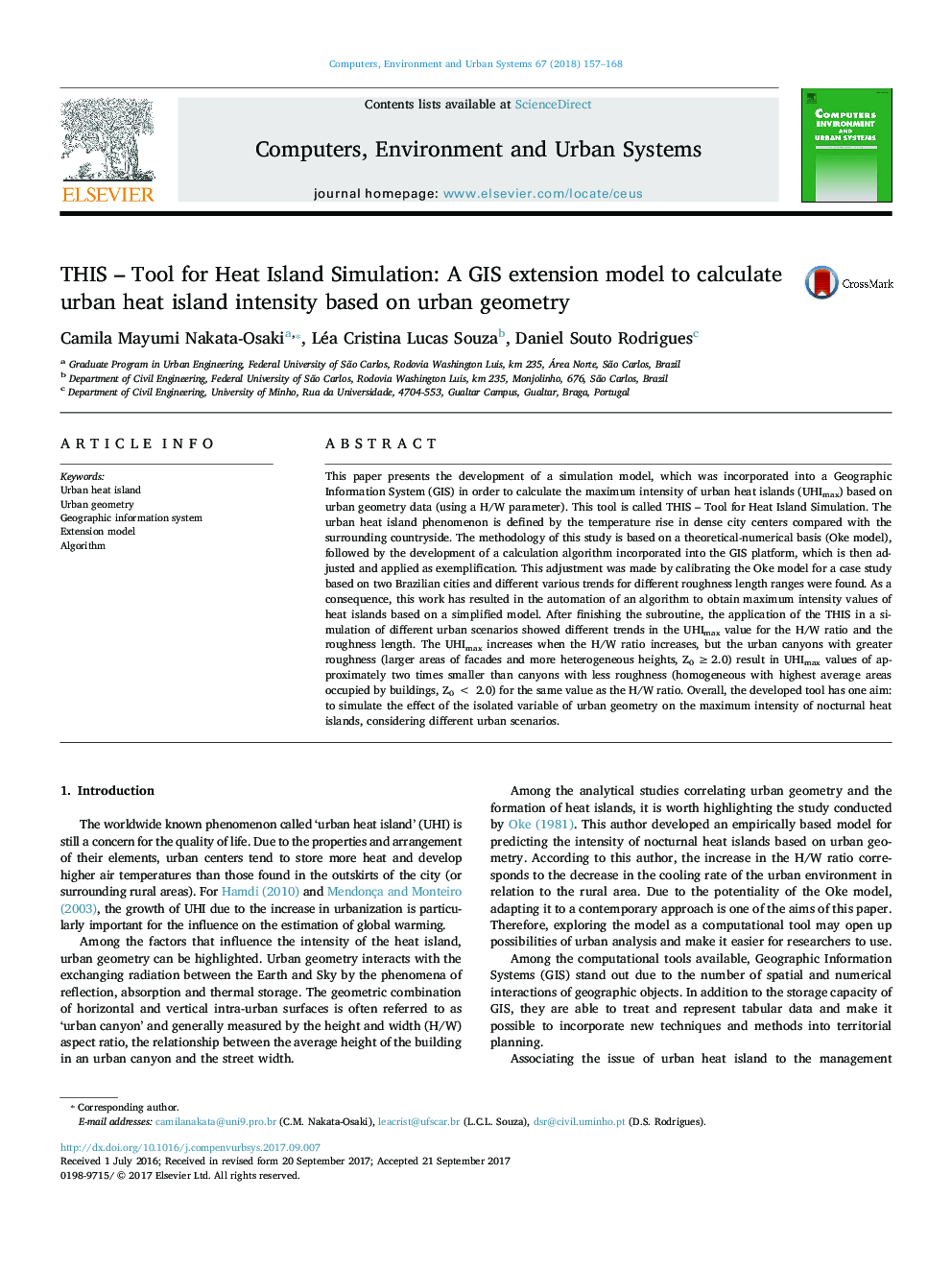 THIS - Tool for Heat Island Simulation: A GIS extension model to calculate urban heat island intensity based on urban geometry