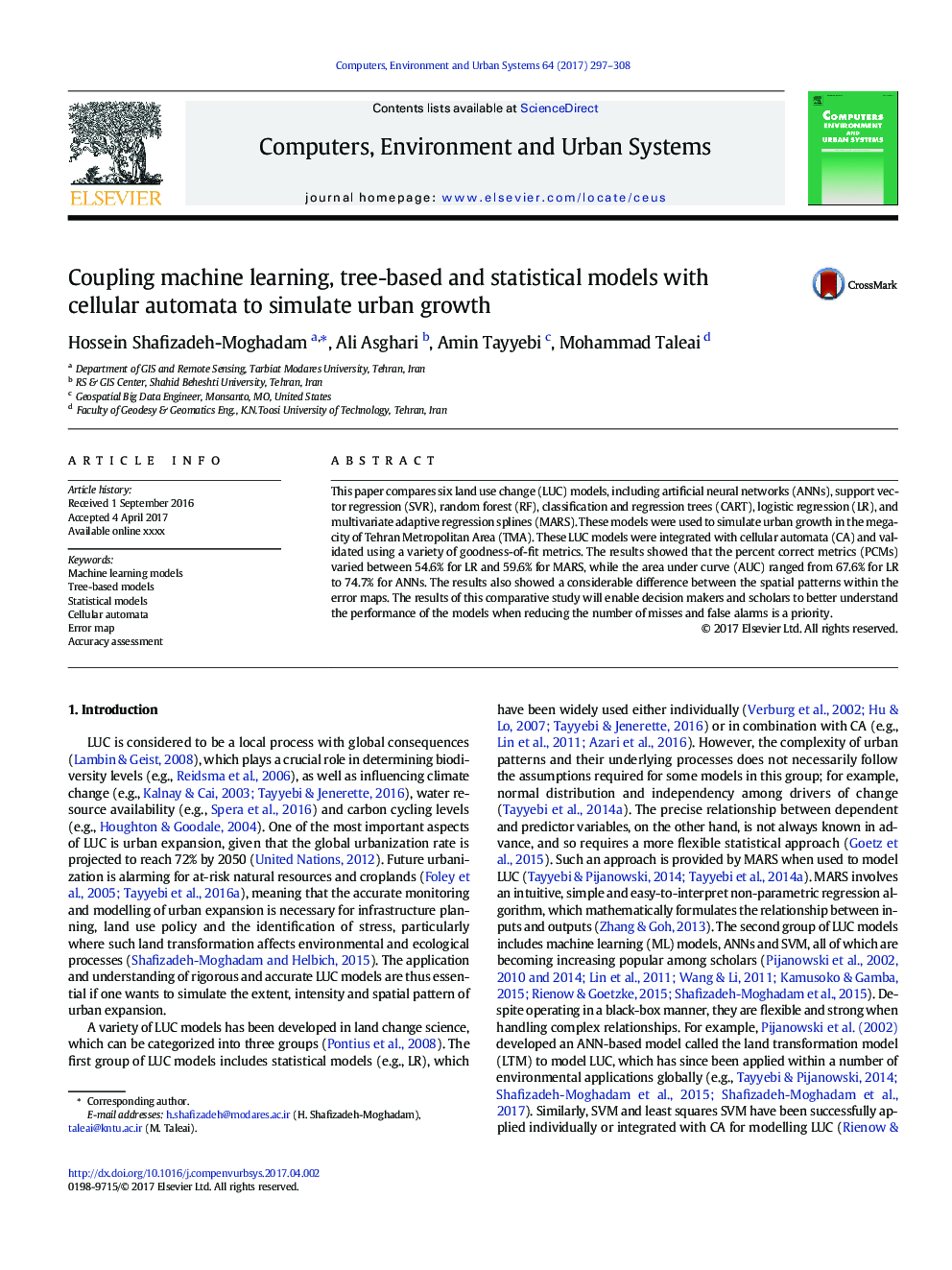 Coupling machine learning, tree-based and statistical models with cellular automata to simulate urban growth