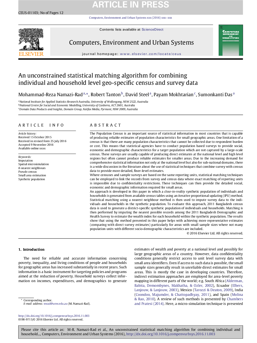 An unconstrained statistical matching algorithm for combining individual and household level geo-specific census and surveyÂ data