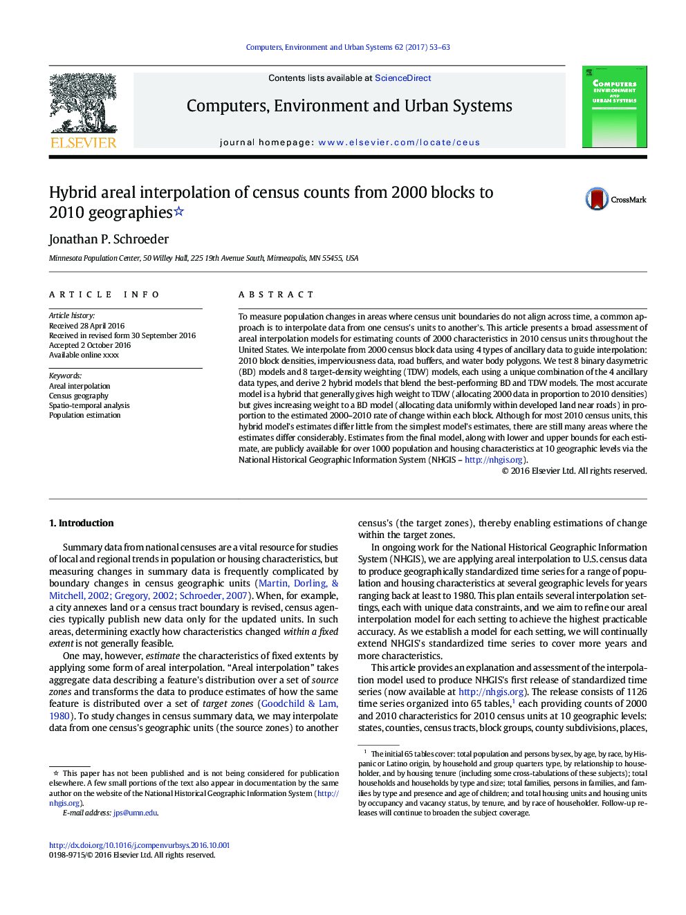 Hybrid areal interpolation of census counts from 2000 blocks to 2010 geographies