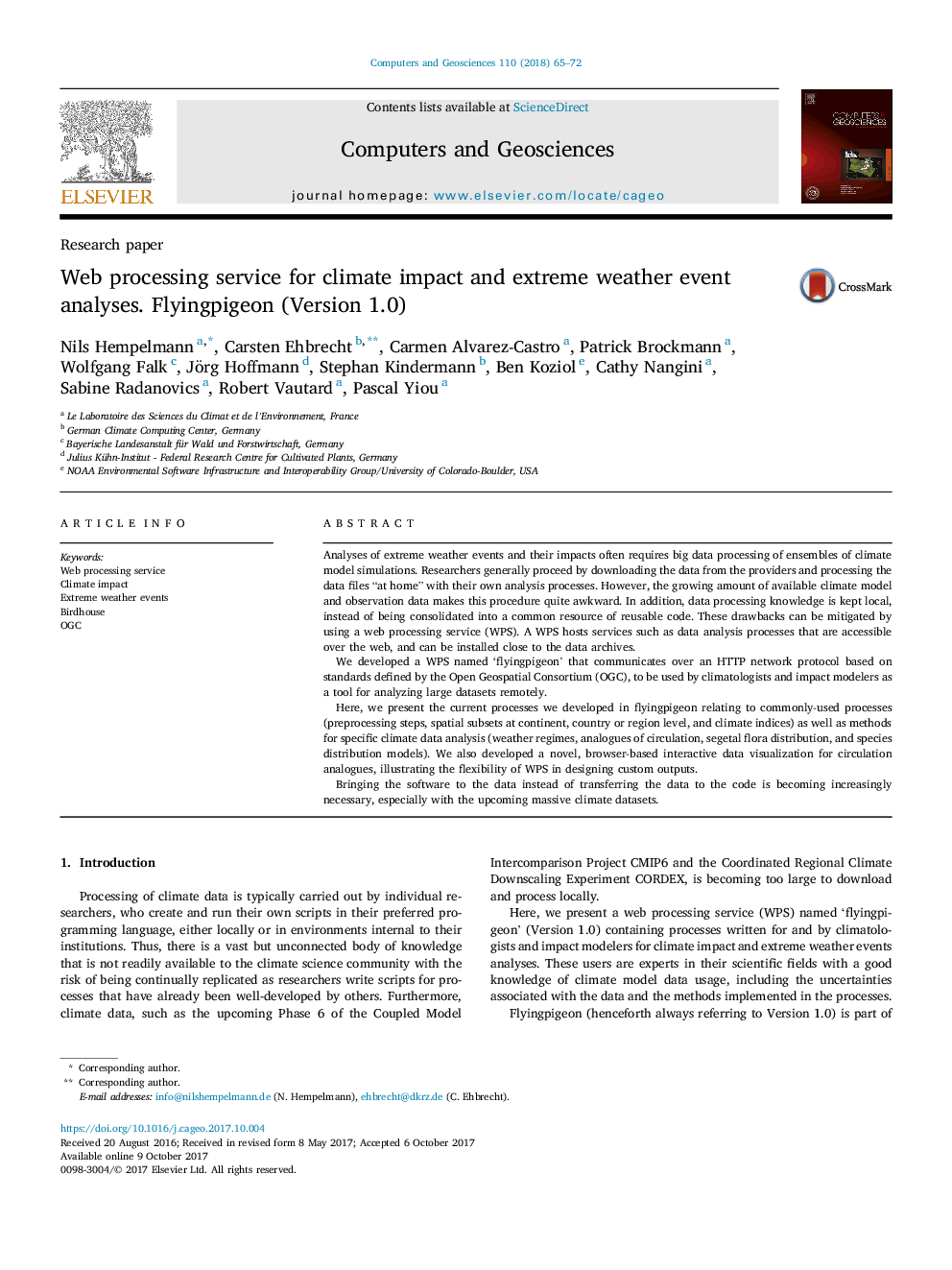 Web processing service for climate impact and extreme weather event analyses. Flyingpigeon (Version 1.0)