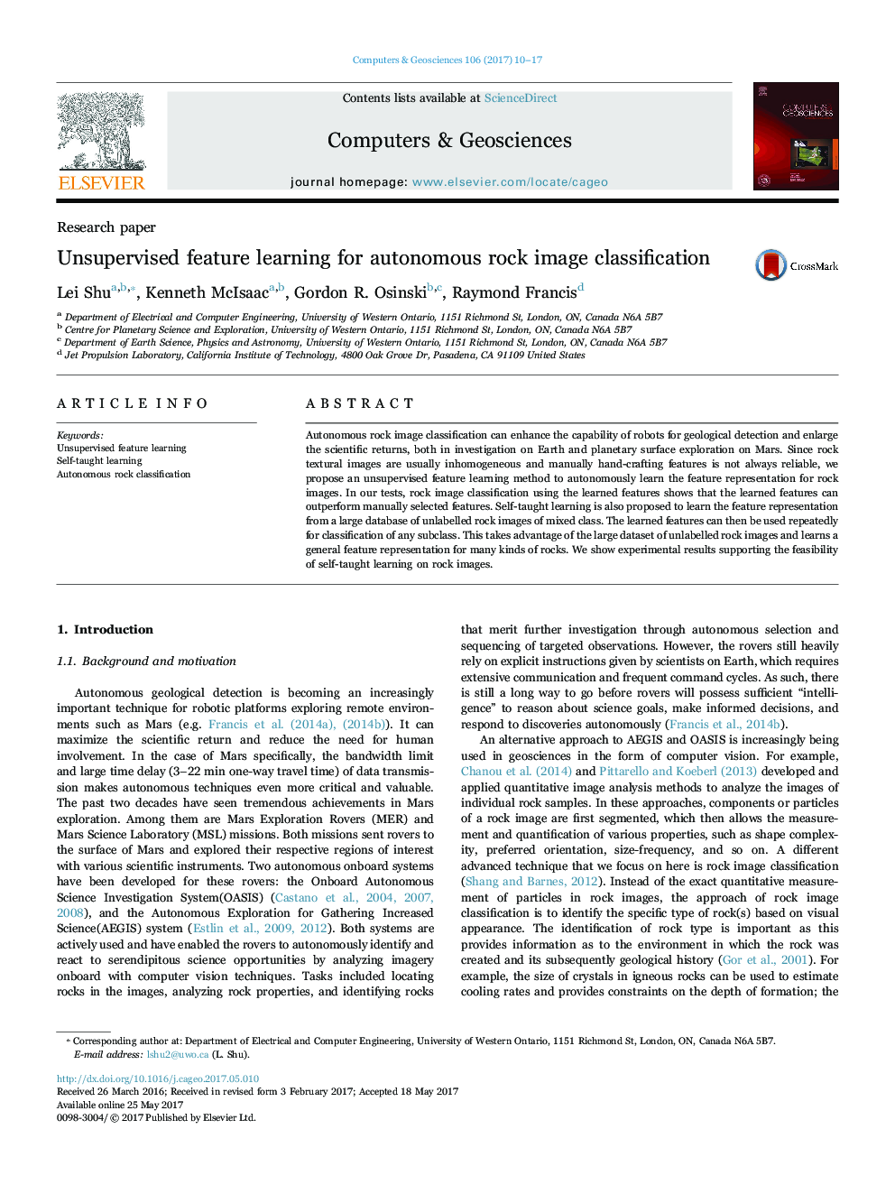 Unsupervised feature learning for autonomous rock image classification